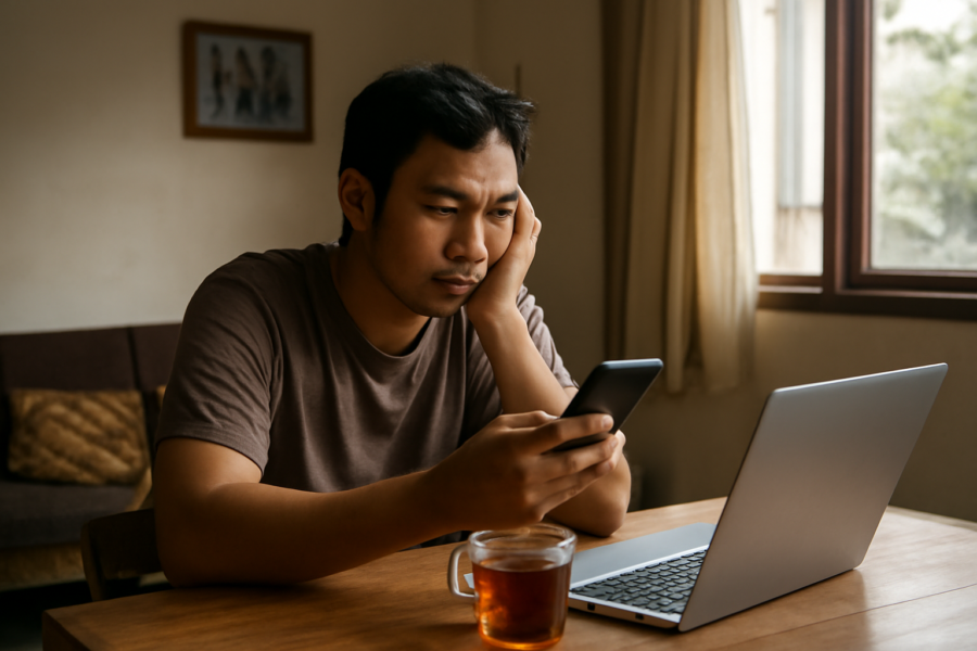 Seseorang sedang memeriksa berita viral di ponsel dengan laptop di meja