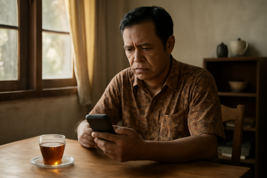 Seseorang sedang memeriksa pesan berantai di ponsel sebelum membagikannya