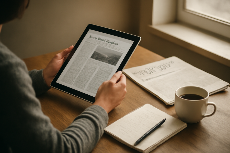 Seseorang membaca berita internasional di tablet sambil mencatat poin penting di buku
