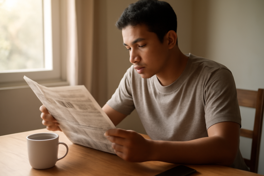 Seorang pemula membaca berita ekonomi di meja kayu dengan secangkir kopi