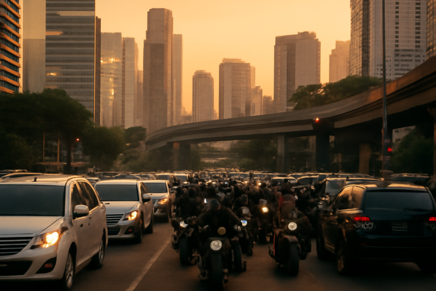 Deretan kendaraan menunggu lampu lalu lintas di jalan utama Jakarta pada sore hari