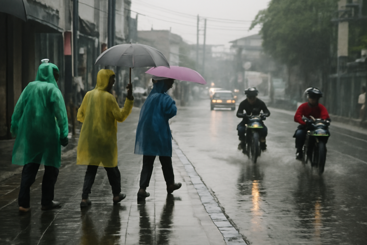 Warga kota mengenakan jas hujan saat melintasi jalan yang basah karena hujan