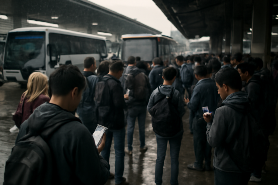 Suasana terminal bus yang ramai saat sore hujan, orang-orang melihat ponsel